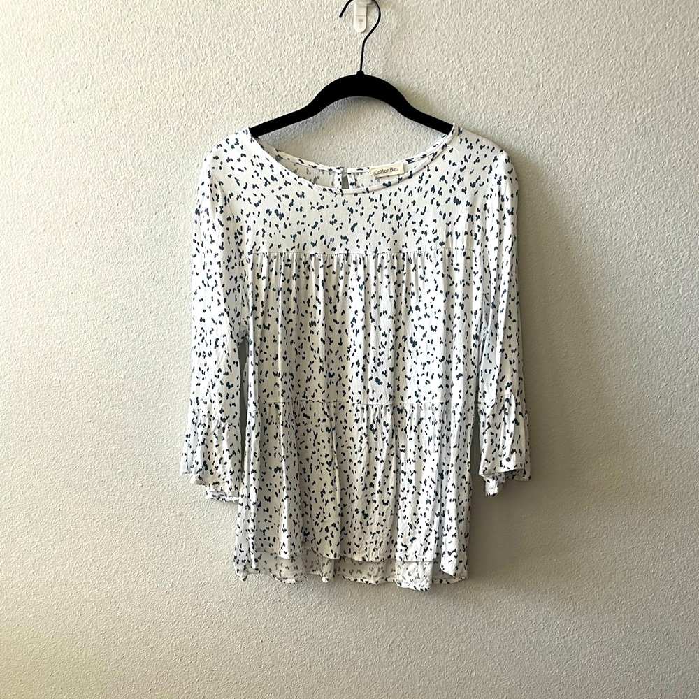 Navy Blue Spotted Long Sleeve Blouse
